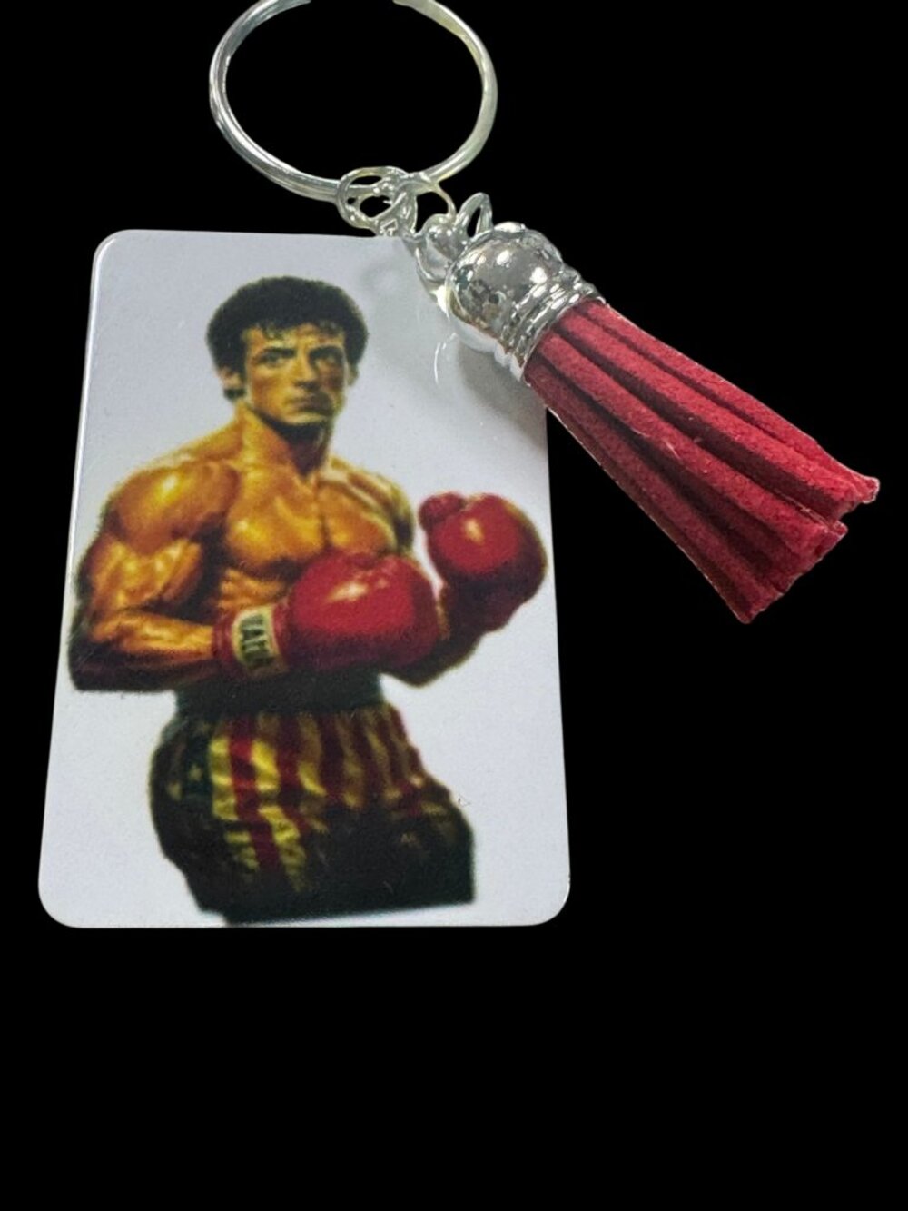 Rocky Balboa Boxer Graphic Metal Keychain with Red Tassel, Silver-Tone Ring, Mov